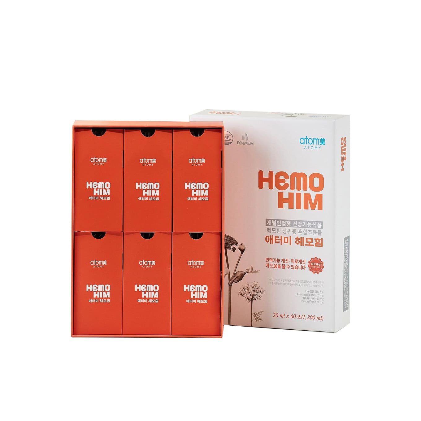 Atomy HemoHIM herbal immune support supplement in a box of 60 sachets, developed by Korea Atomic Energy Research Institute.