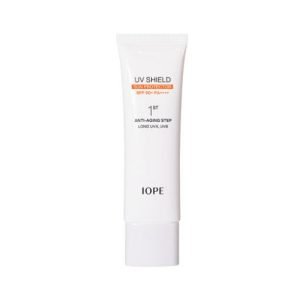 IOPE UV Shield Sun Protector 50ml (Renewal) – lightweight Korean sunscreen in a white and blue tube, offers broad-spectrum SPF protection and skin-soothing benefits