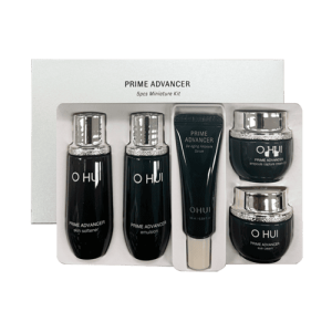 The O HUI Prime Advancer 5-Piece Miniature Kit – premium anti-aging skincare travel set with toner, emulsion, serum, cream, and eye cream